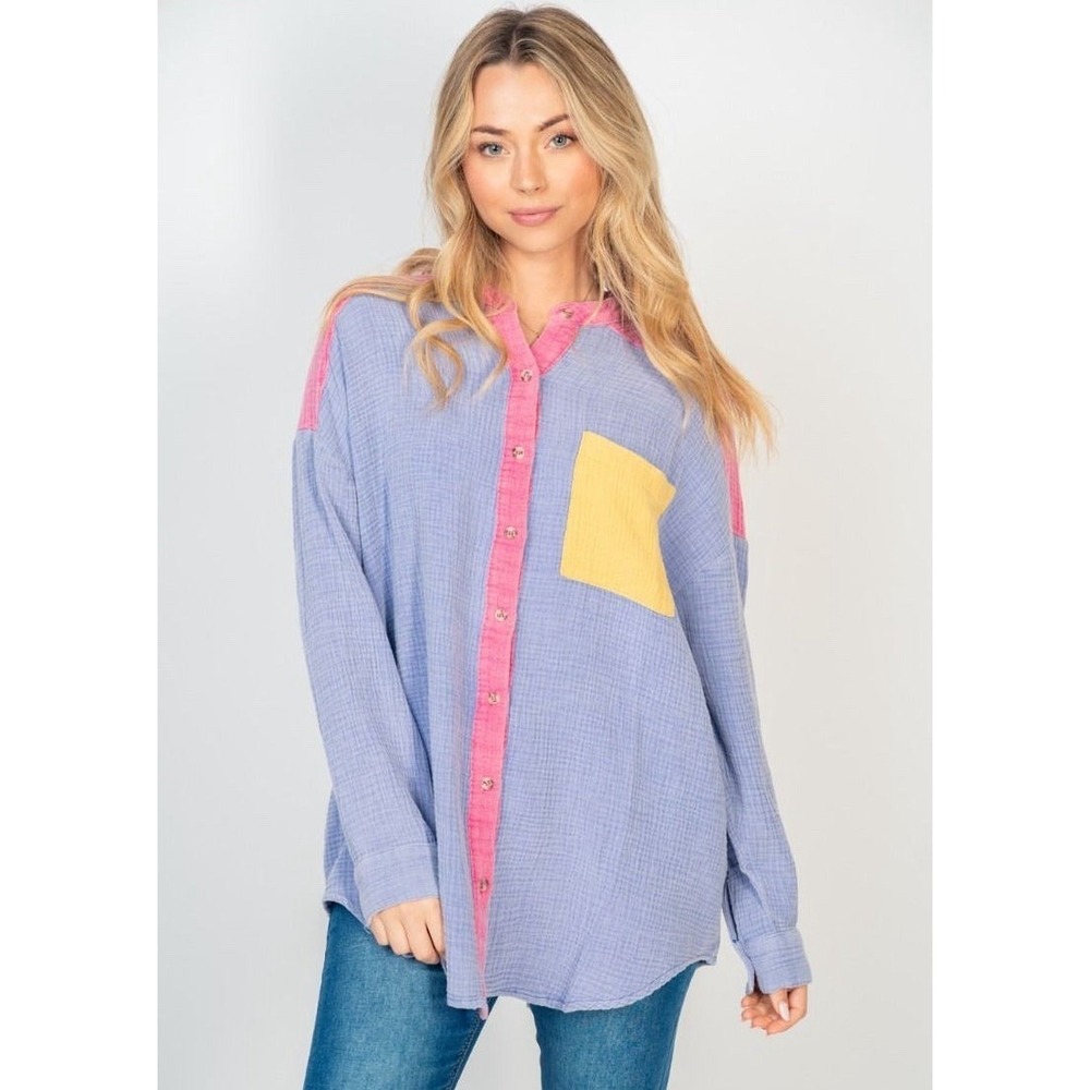 Colorblock Pastel Long Sleeve Button Down Top Blouse 2X /XXL Spring Cotton Gauze